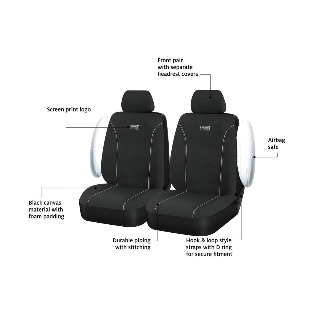 Ridge Ryder Canvas Seat Covers Black/Grey Piping Adjustable Headrests Airbag Compatible 30SAB, , scaau_hi-res