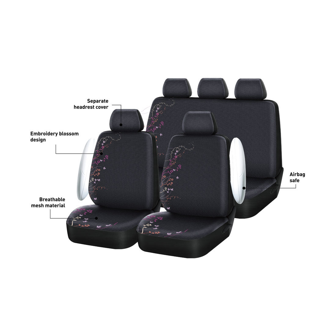 SCA Blossom Seat Cover Pack Purple/Orange Adjustable Headrests Airbag Compatible 30&06H SAB, , scaau_hi-res