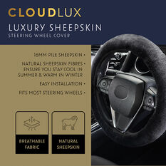 CLOUDLUX Steering Wheel Cover - Sheepskin, Black, 380mm diameter, , scaau_hi-res