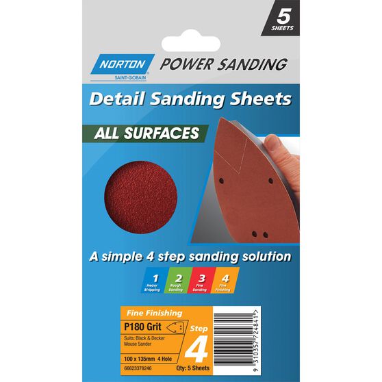 Norton Mouse Sanding Sheets 180 Grit 5 Pack, , scaau_hi-res