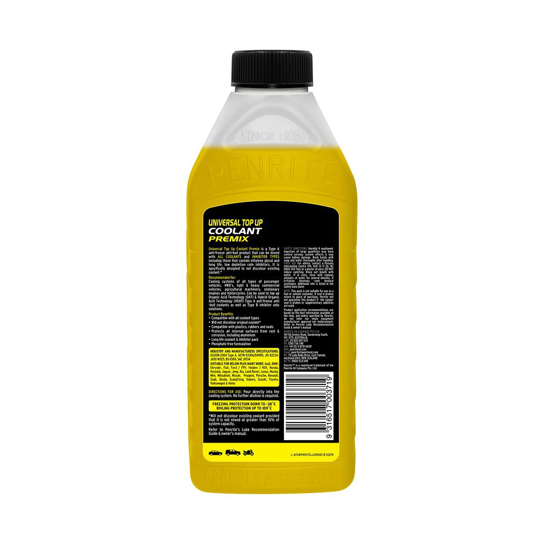Penrite Yellow Universal Top Up Coolant Premix - 1 Litre, , scaau_hi-res