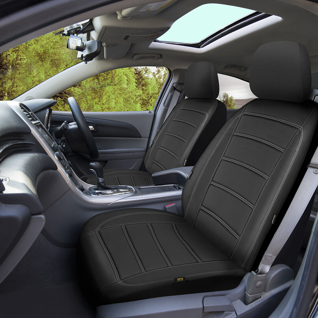 SCA Leather Look Seat Covers Black/White Adjustable Headrests Airbag Compatible 30SAB, , scaau_hi-res