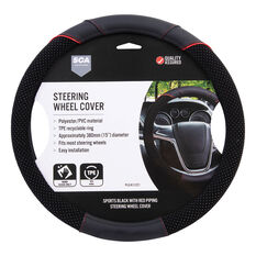 SCA Sports Leather Look Steering Wheel Cover - Red/Black, 380mm Diameter, , scaau_hi-res