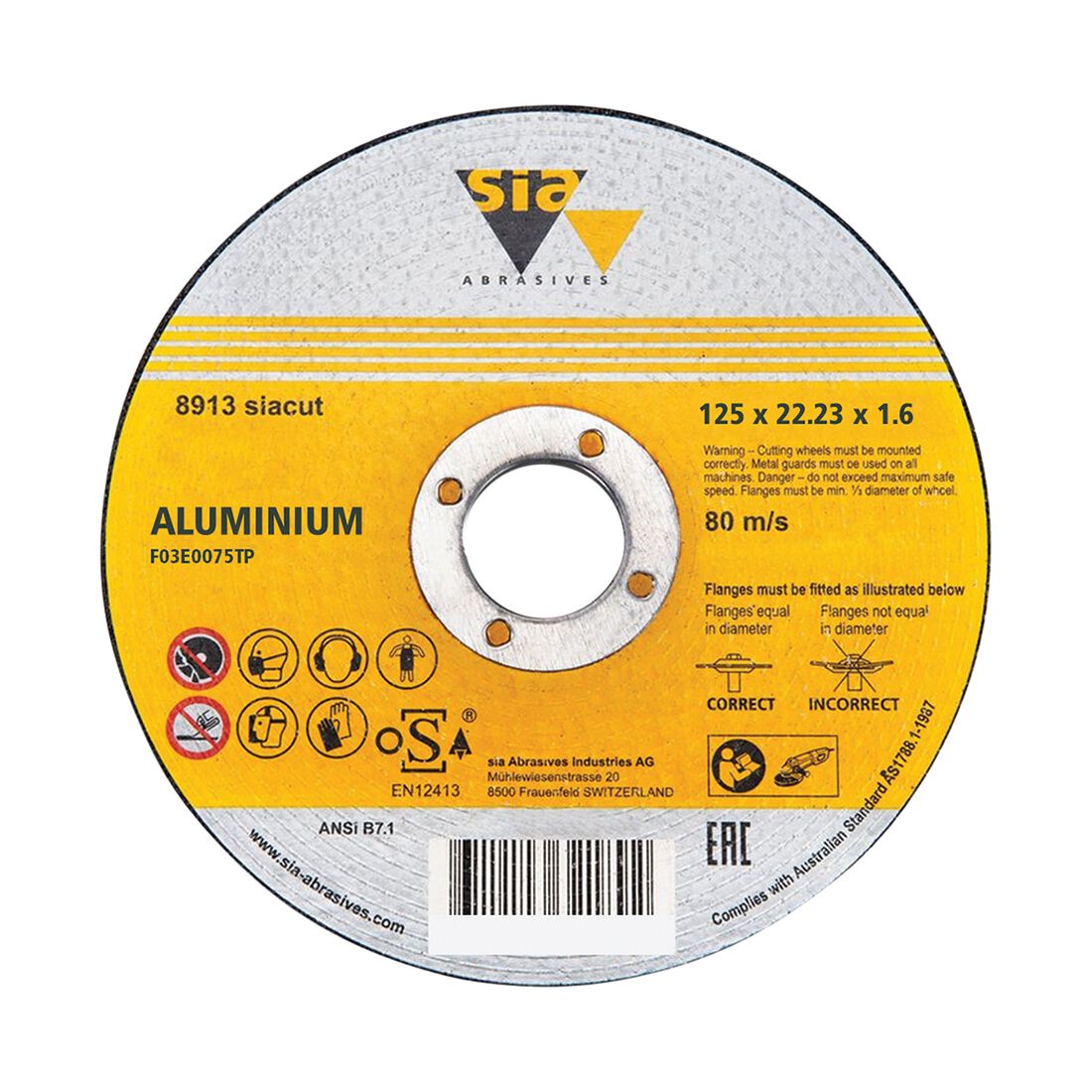 SIA Abrasives Metal Cutting Disc, 8913 Series, 125X1X22.2mm, Aluminium Bonded, , scaau_hi-res