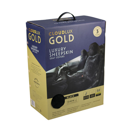 Gold CLOUDLUX Sheepskin Seat Covers Black Builtin Headrests Size 60