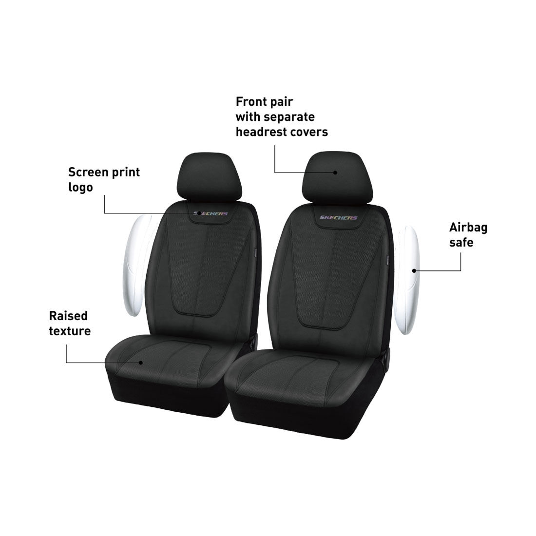Skechers Goga Mat Seat Covers Black Adjustable Headrests Airbag Compatible 30SAB, , scaau_hi-res
