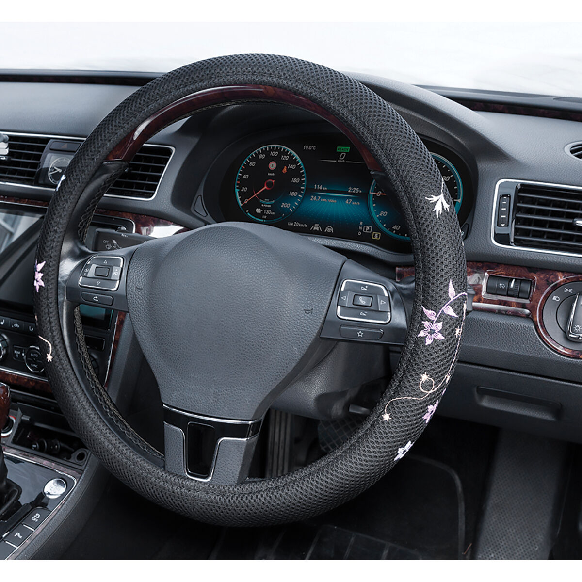 Orange and black store steering wheel cover