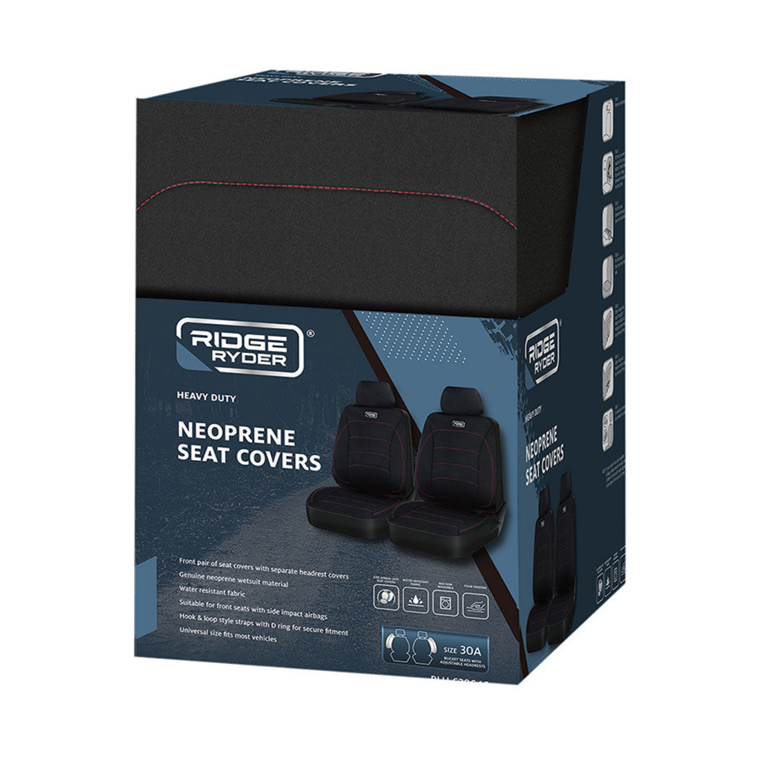 Ridge Ryder Neoprene Seat Covers Black/Red Adjustable Headrests Airbag Compatible 30SAB, , scaau_hi-res