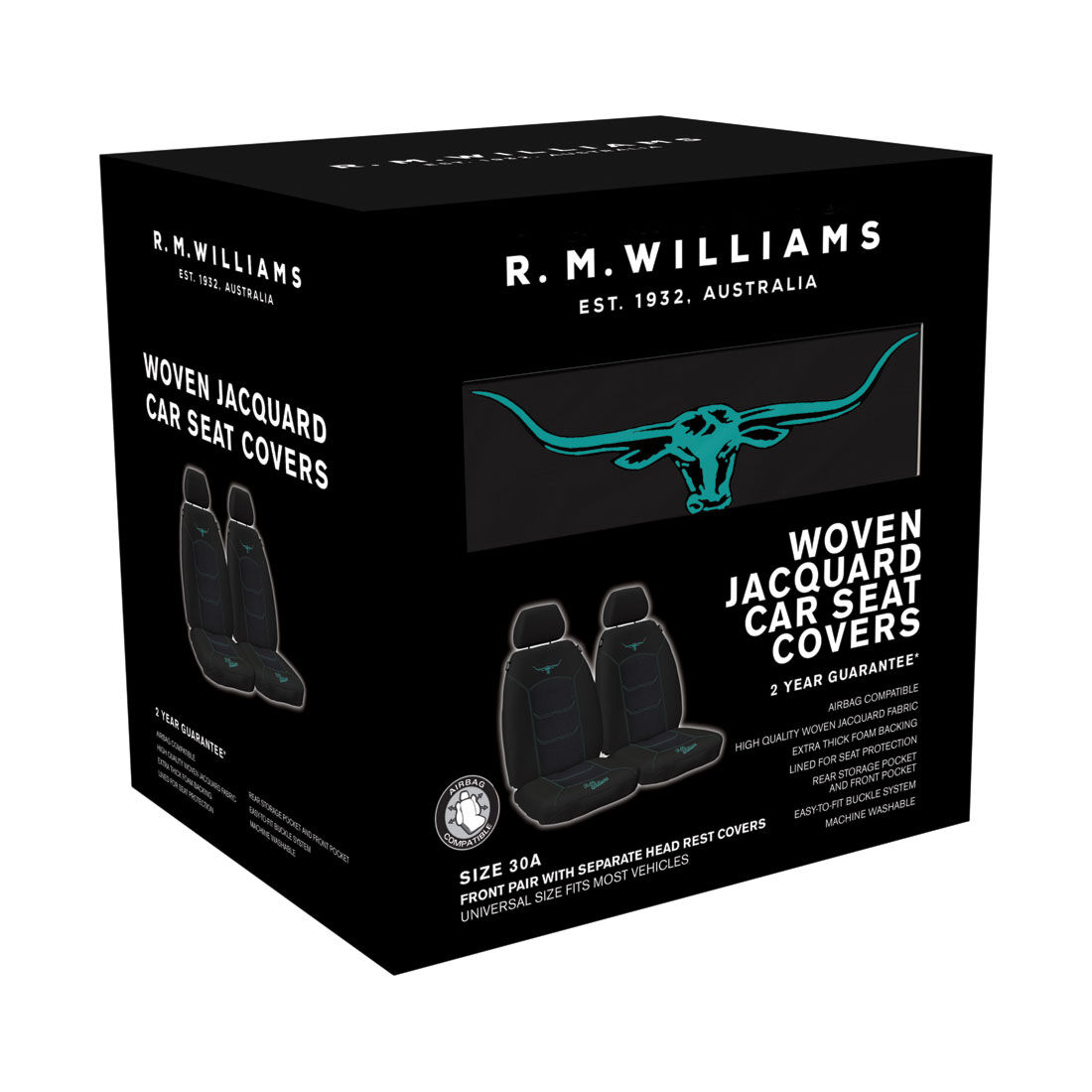 R.M.Williams Aqua Jacquard Seat Covers Black/Aqua Adjustable Headrests Airbag Compatible, , scaau_hi-res
