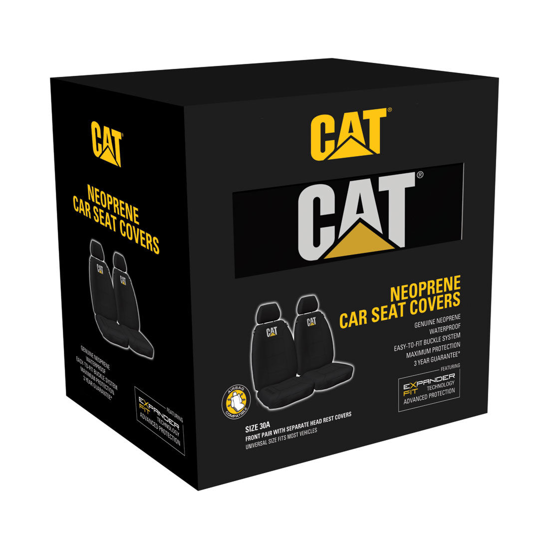 CAT Neoprene Seat Covers Black Adjustable Headrests Size 30 Front Pair Airbag Compatible, , scaau_hi-res