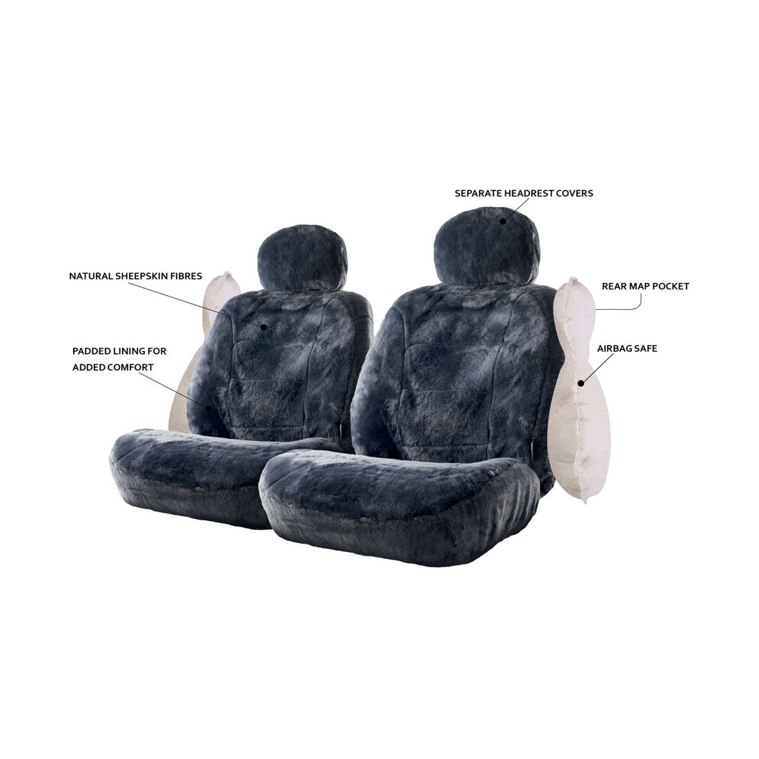 Silver CLOUDLUX Sheepskin Seat Covers - Slate Adjustable Headrests Size 30 Front Pair Airbag Compatible, , scaau_hi-res