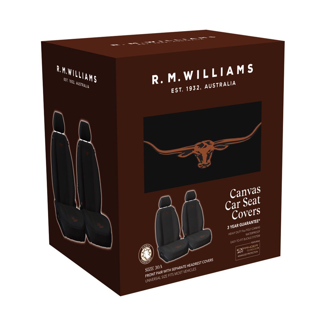 R.M.Williams Tan Poly Canvas Seat Covers, Black/Tan, Adjustable Headrests, Airbag Compatible, , scaau_hi-res