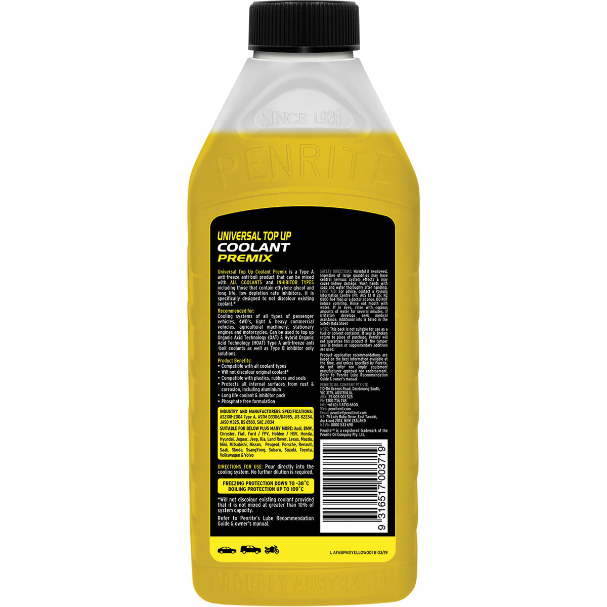 Penrite Yellow Universal Top Up Coolant Premix - 1 Litre, , scaau_hi-res