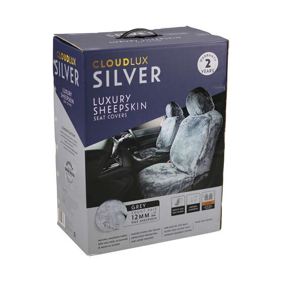 Silver CLOUDLUX Sheepskin Seat Covers - Grey Adjustable Headrests Size 30 Front Pair Airbag Compatible, , scaau_hi-res