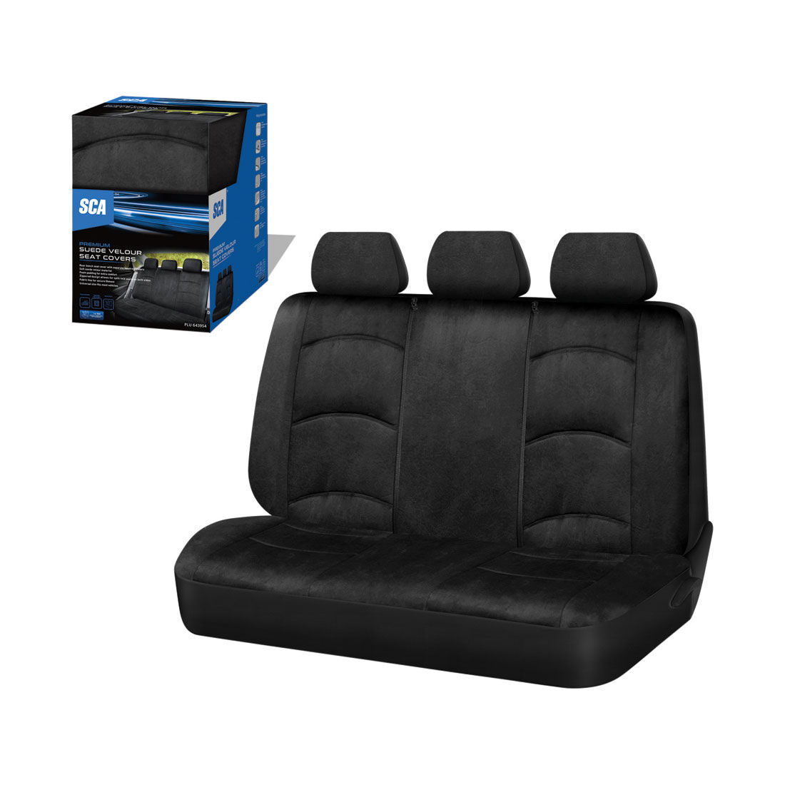 SCA Suede Velour Seat Covers Black Adjustable Headrests Rear Bench 06H, , scaau_hi-res