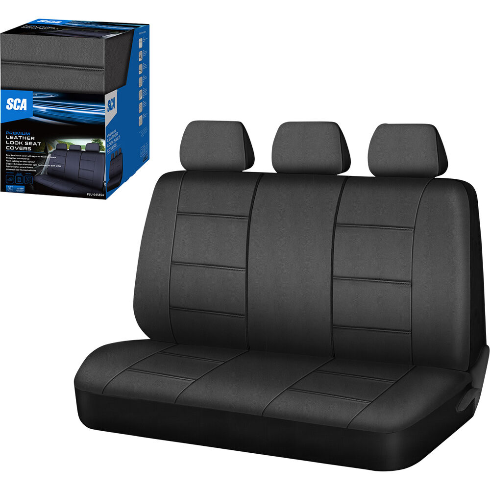 SCA Leather Look Seat Covers Black Adjustable Headrests Rear Bench 06H