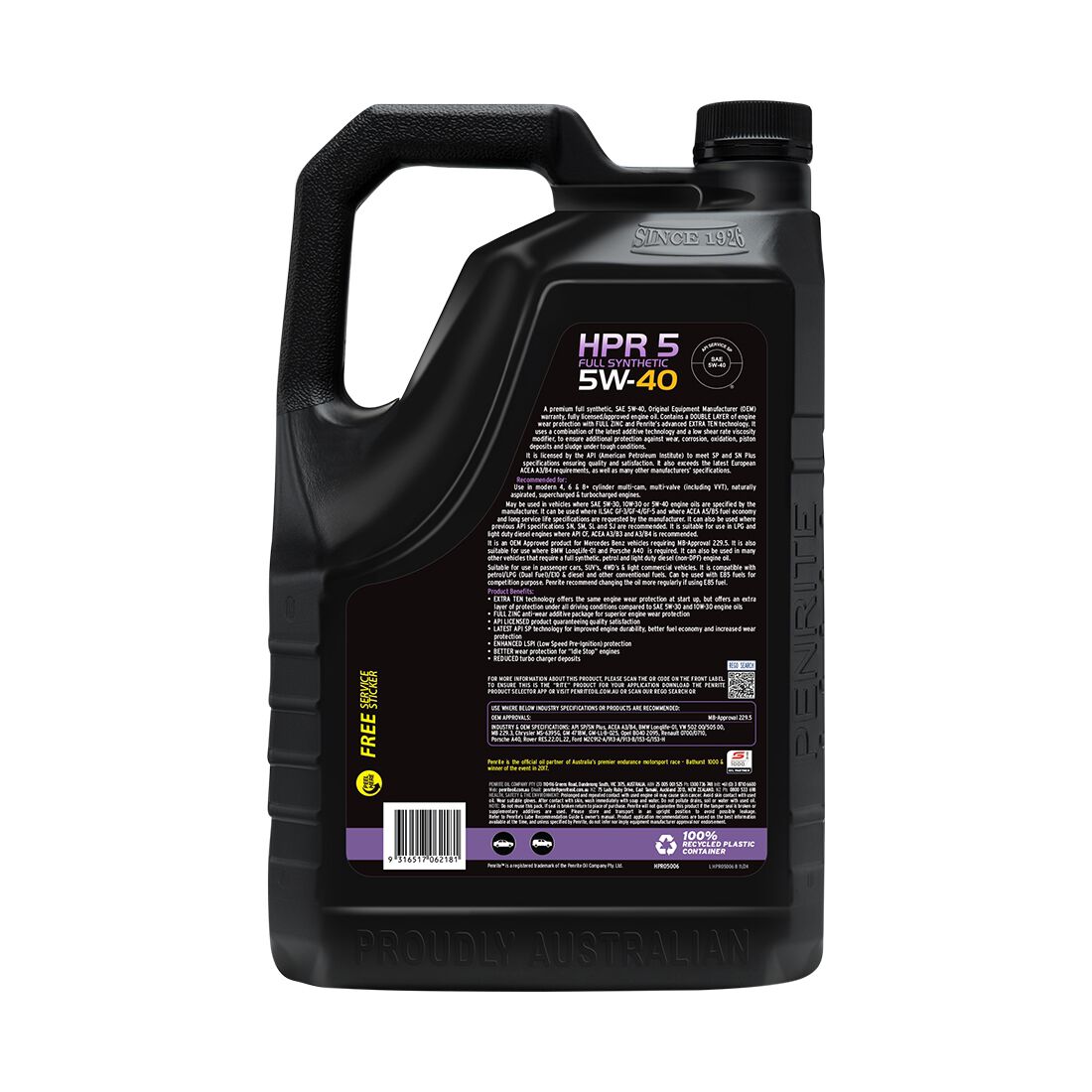 Penrite HPR 5 Engine Oil - 5W-40, 6 Litre, , scaau_hi-res