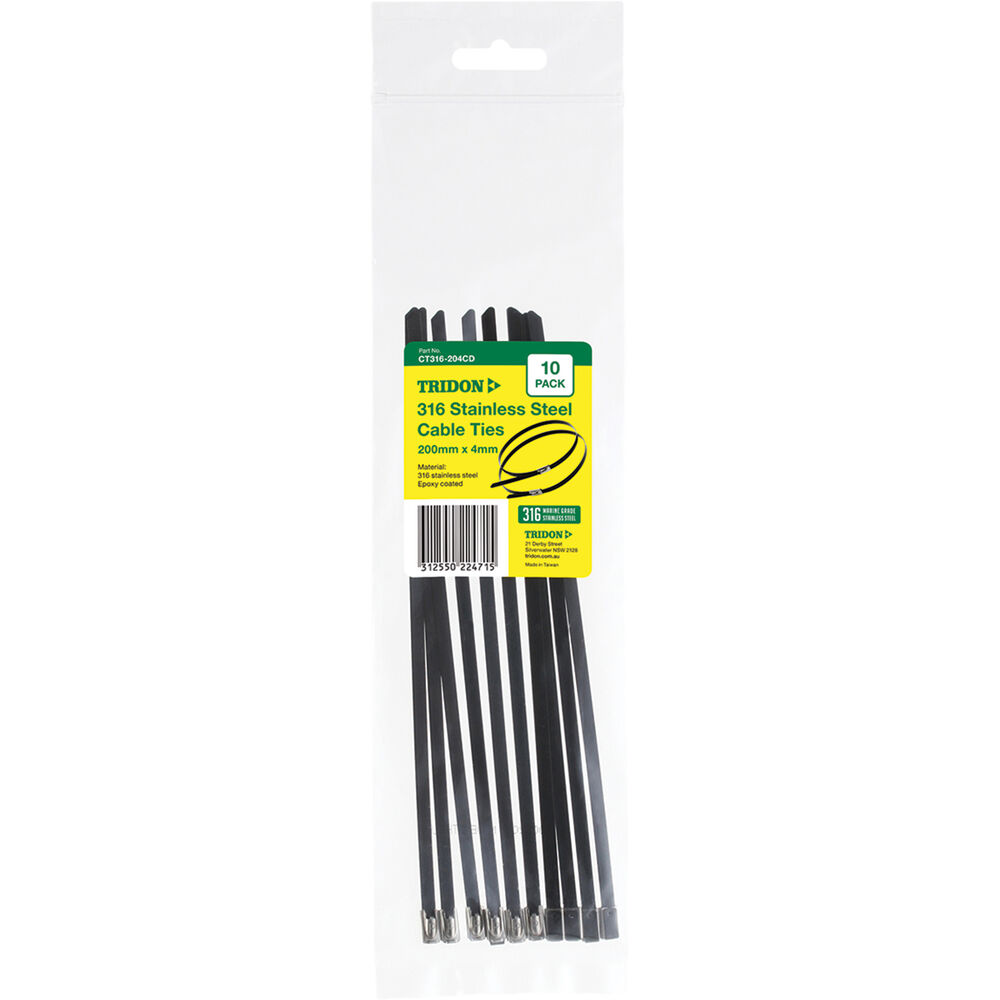 Tridon 316 Stainless Steel Cable Ties Black Epoxy Coated, 200mm x 4mm