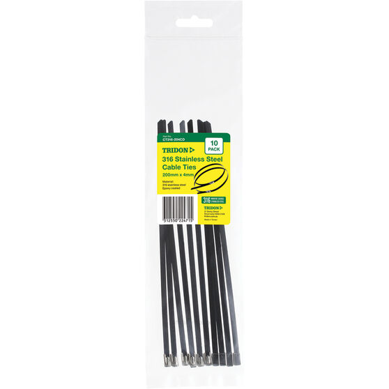 Tridon 316 Stainless Steel Cable Ties - Black Epoxy Coated, 200mm x 4mm, 10 Pack, , scaau_hi-res