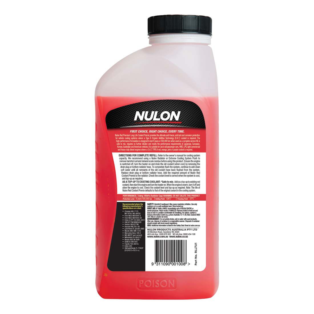 Nulon Red Long Life Anti-Freeze/Anti-Boil Coolant Premix - 1 Litre, , scaau_hi-res