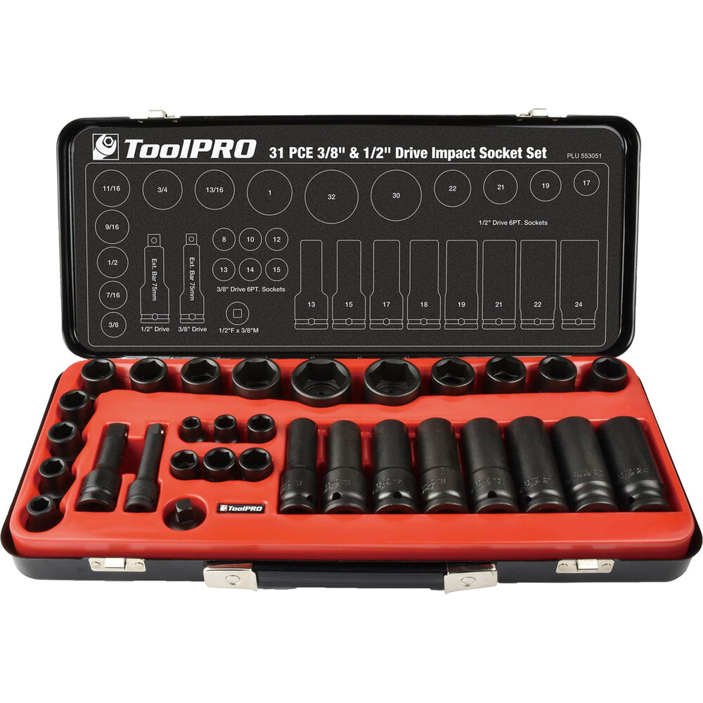 ToolPRO Impact Socket Set 3/8" & 1/2" Drive Metric/SAE 31 Piece