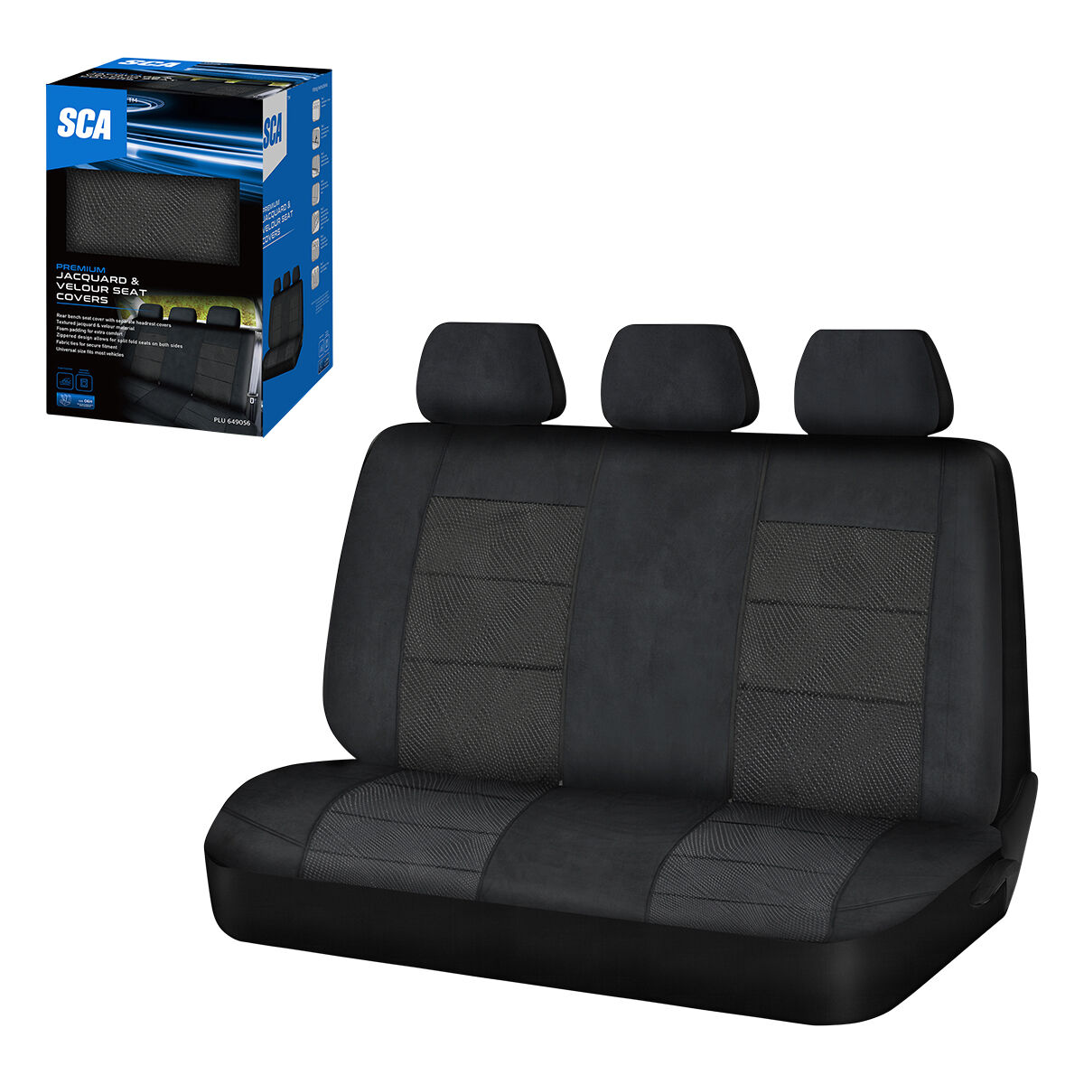 SCA Premium Jacquard and Velour Seat Covers Black Rear Seat Size Adjustable Zips 06H, , scaau_hi-res