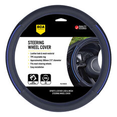 SCA Steering Wheel Cover - PU And Mesh, Black / Blue, 380mm Diameter, , scaau_hi-res