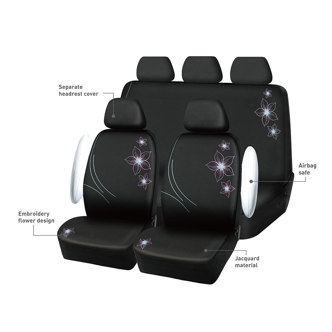 SCA Seat Cover Flower Purple & Aqua, Adjustable Headrests, Airbag Compatible, Size 30 & 06H, , scaau_hi-res
