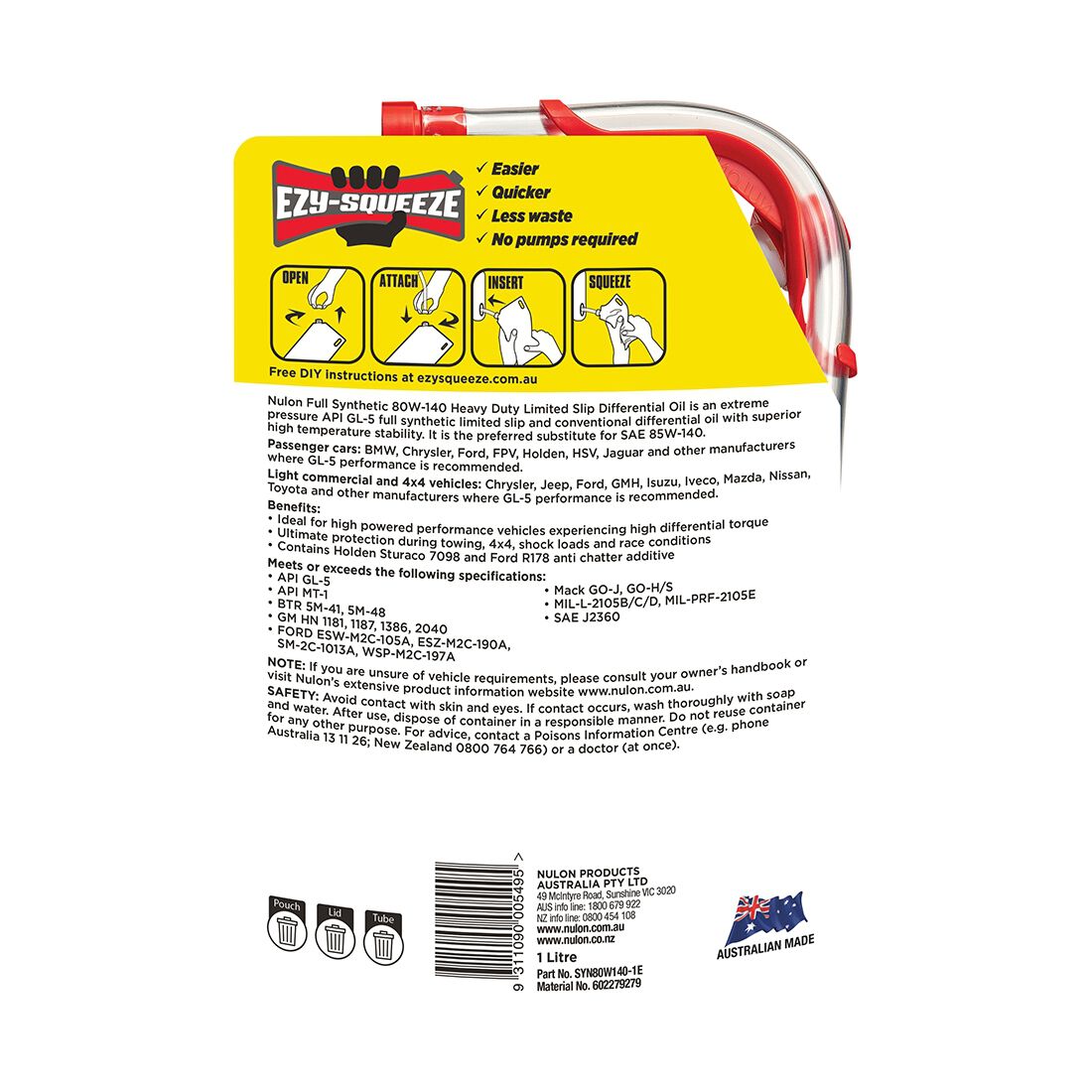 NULON EZY-SQUEEZE Heavy Duty Limited Slip Differential Oil - 80W-140, 1 Litre, , scaau_hi-res