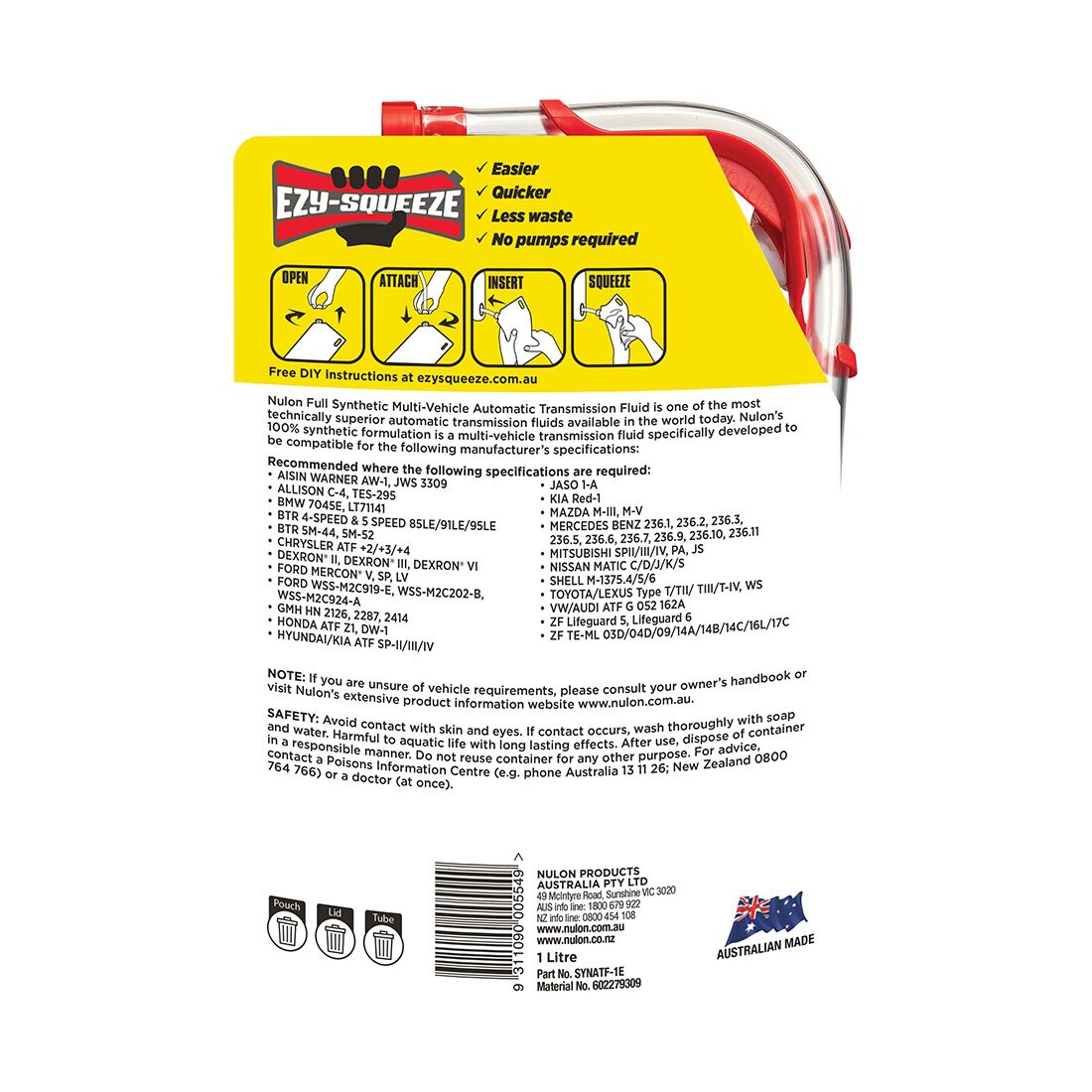NULON EZY-SQUEEZE Multi-Vehicle Automatic Transmission Fluid - 1 Litre, , scaau_hi-res