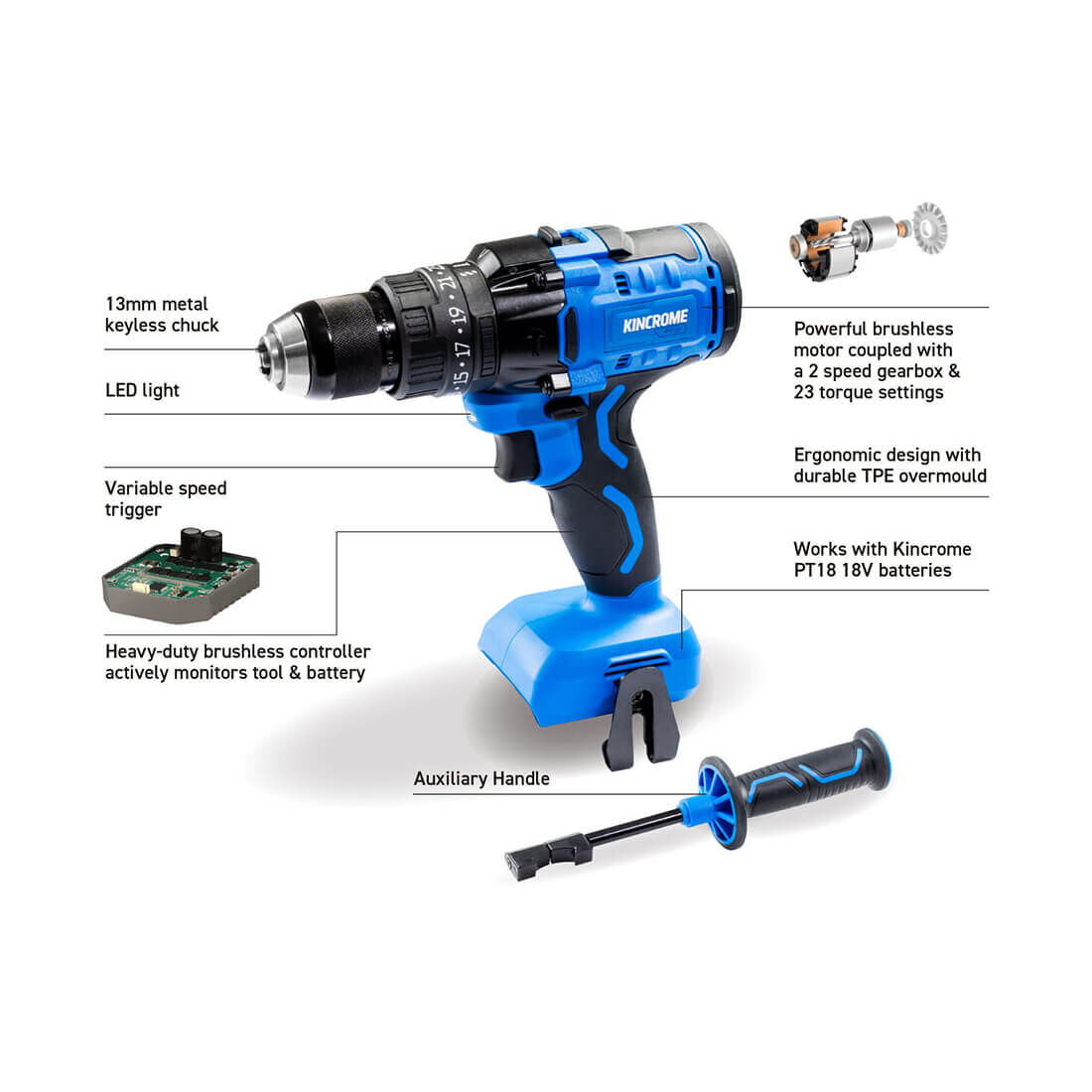 Kincrome PT18 18V 2 Piece Brushless Drill & Impact Wrench Kit 2.0Ah, , scaau_hi-res
