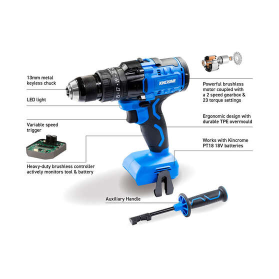 Kincrome PT18 18V 2 Piece Brushless Drill & Impact Wrench Kit 2.0Ah, , scaau_hi-res