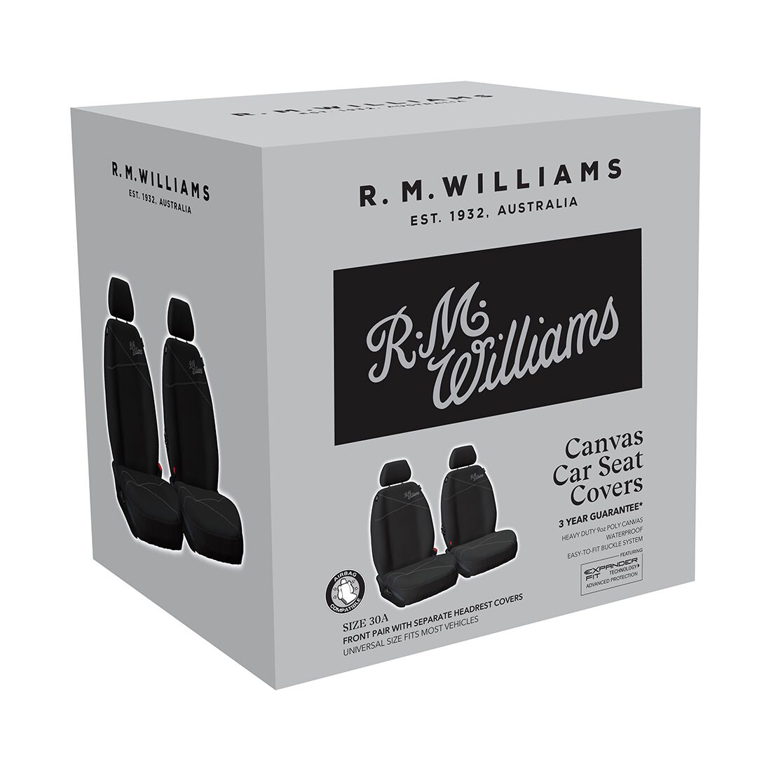 R.M.Williams Seat Cover Poly Canvas Seat Cover - Black/Grey Stitch Adjustable Headrest Airbag Compatible, , scaau_hi-res