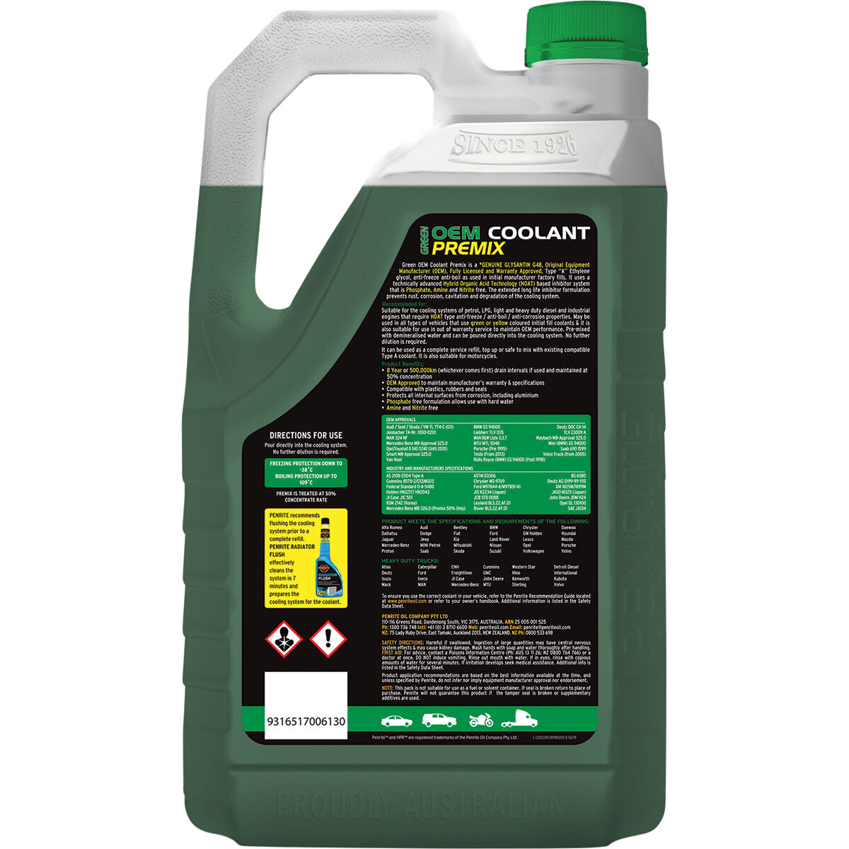 Penrite Green Long Life Anti Freeze / Anti Boil Coolant Premix - 5 Litres, , scaau_hi-res