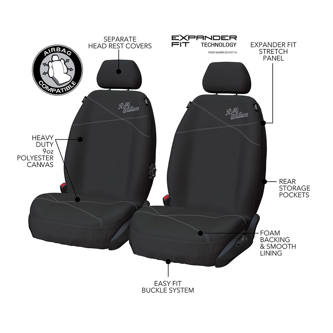 R.M.Williams Seat Cover Poly Canvas Seat Cover - Black/Grey Stitch Adjustable Headrest Airbag Compatible, , scaau_hi-res