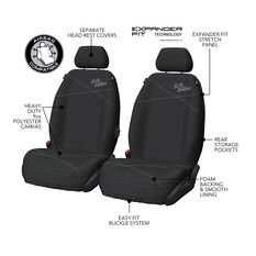 R.M.Williams Seat Cover Poly Canvas Seat Cover - Black/Grey Stitch Adjustable Headrest Airbag Compatible, , scaau_hi-res