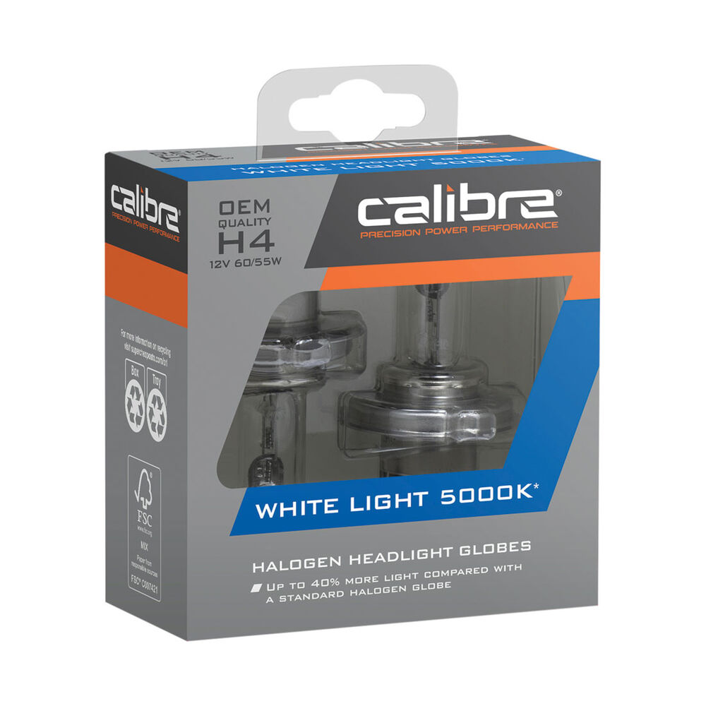 Calibre Headlight Globes, White Light 5000k H4, 12V, 60/55W Supercheap Auto