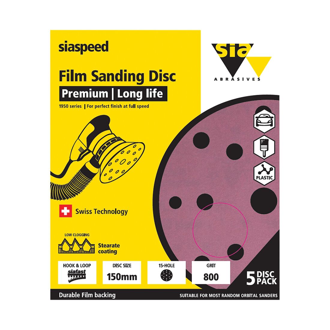 SIA Abrasives 150mm Premium Wet & Dry Sanding Disc, 1950 Series, 8 Hole, 800 Grit, 5 Pack, , scaau_hi-res