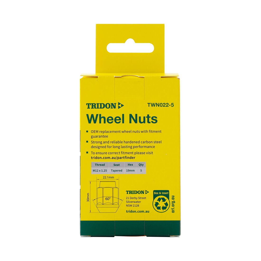 Tridon Wheel Nuts M12x1.25. Tapered Seat. 19mm Hex, , scaau_hi-res