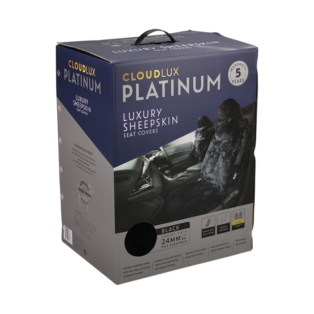 Platinum CLOUDLUX Sheepskin Seat Covers - Black Built-in Headrests Size 60 Front Pair Airbag Compatible, , scaau_hi-res