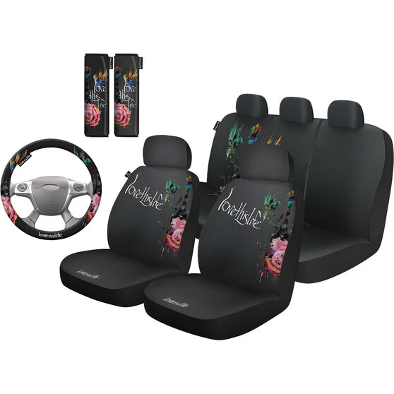Love This Life Flora 6 Piece Seat Cover Pack Black Adjustable Headrests Size 30 06h Front Rear Steering Wheel Belt Buddies Super Auto - Seat Covers And Steering Wheel Cover