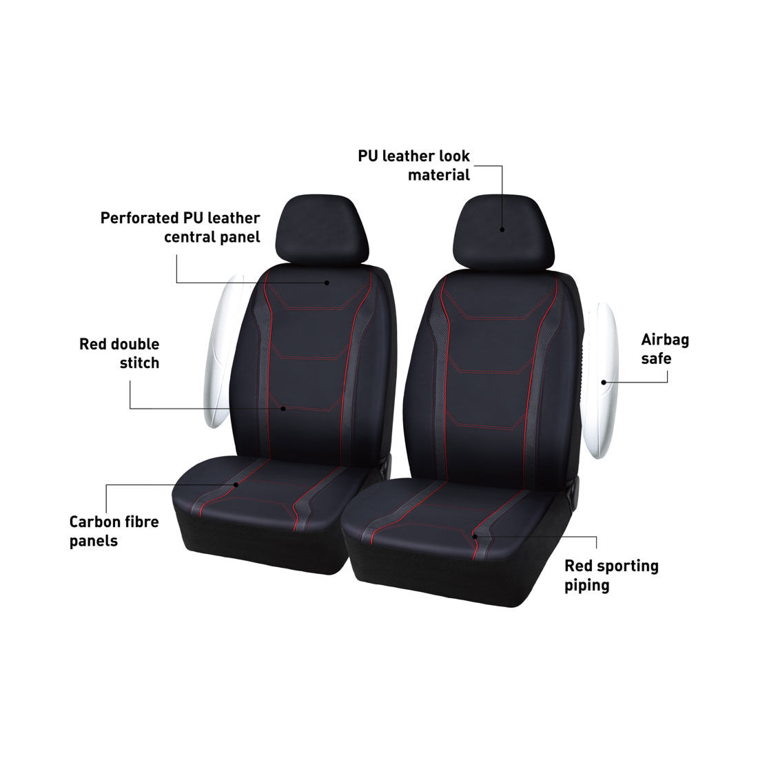 SCA Sports Leather Look & Carbon Seat Covers Black/Red Adjustable Headrests Airbag Compatible, , scaau_hi-res
