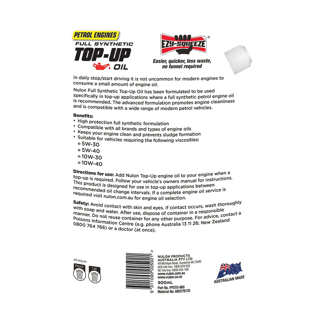 Nulon Ezy Squeeze Full Synthetic Top Up Oil 900mL, , scaau_hi-res