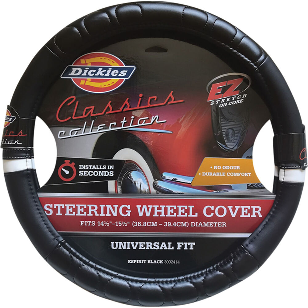 Dickies Espirit Leather Look Steering Wheel Cover - Black/White, 380mm Approx Diameter