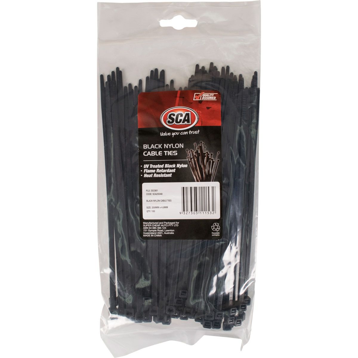 SCA Cable Ties - Black, 200mm x 4.8mm, 100 Pack, , scaau_hi-res