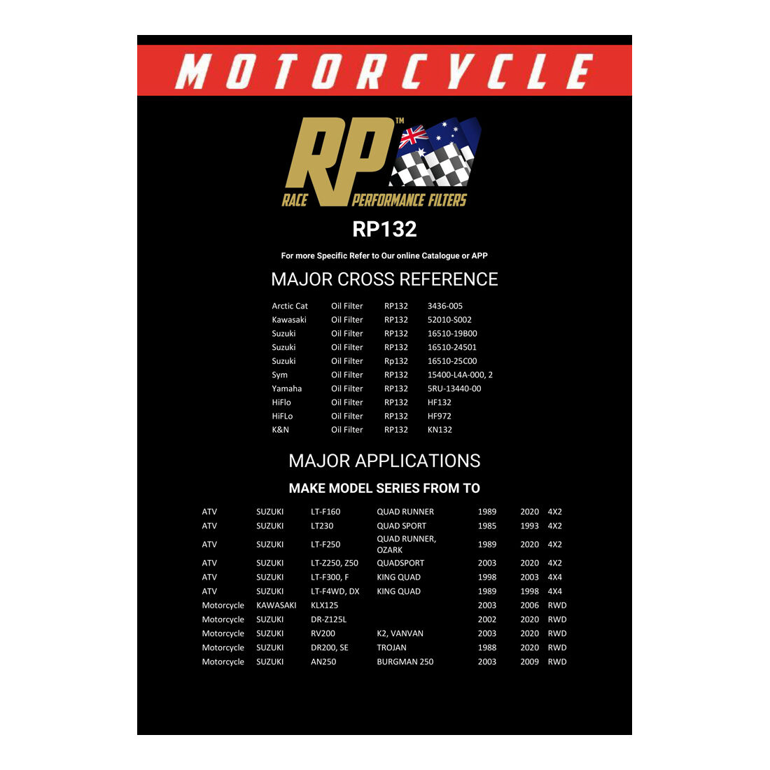 Race Performance Motorcycle Oil Filter RP132, , scaau_hi-res