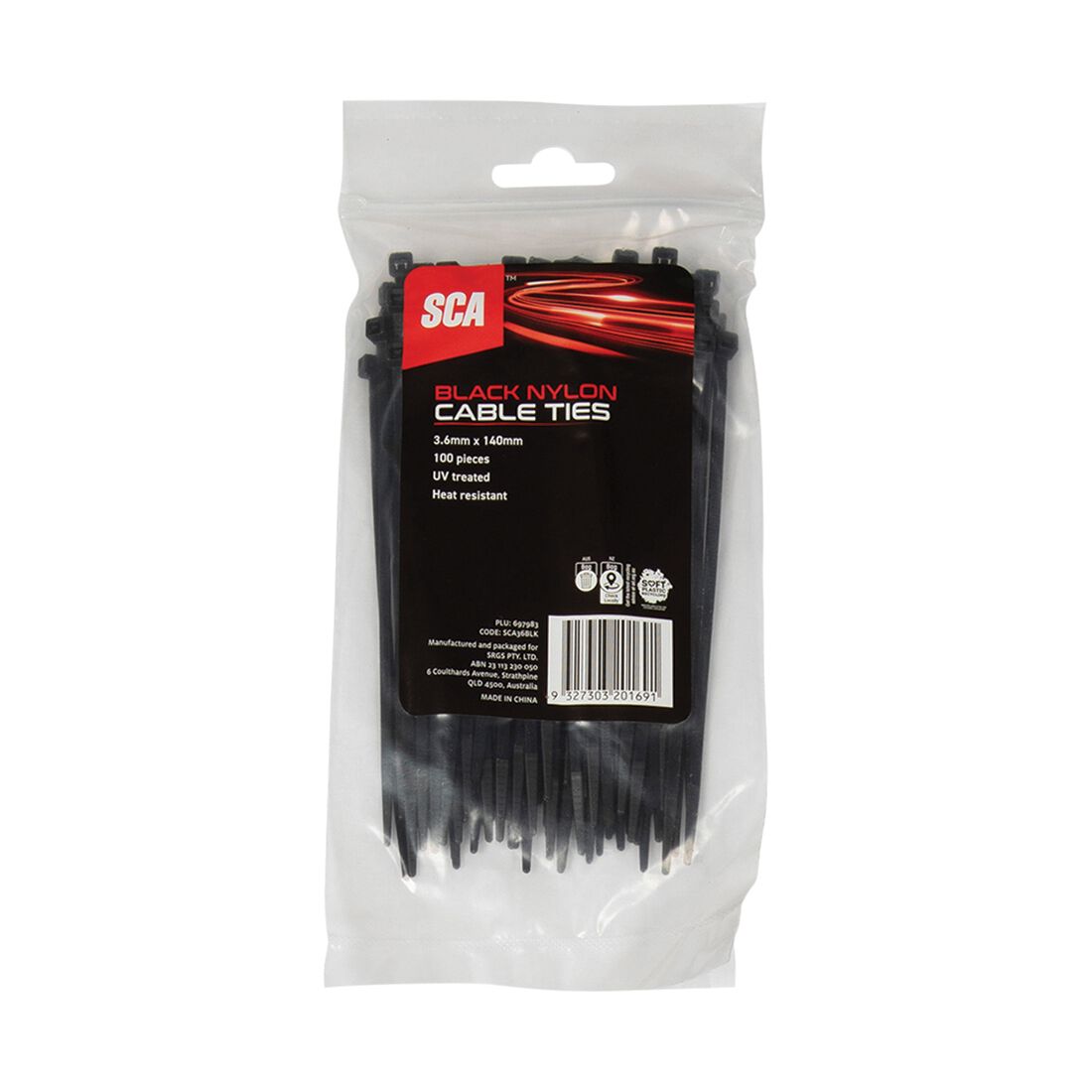 SCA Cable Ties 3.6mm X 140mm, Pack of 100, Black, , scaau_hi-res