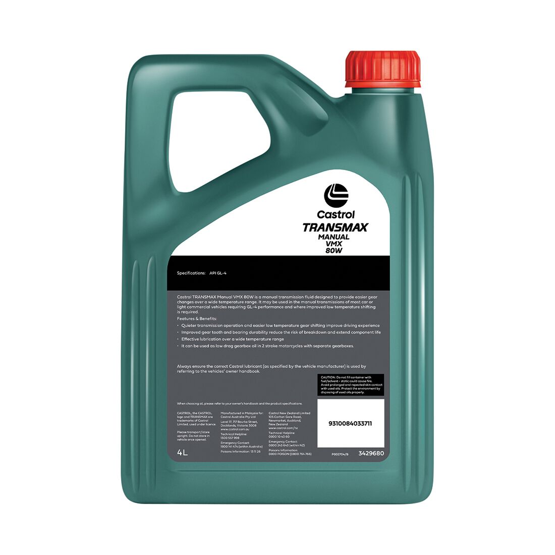 Castrol Transmax Manual VMX Gear Oil, 80W, 4 Litres, , scaau_hi-res