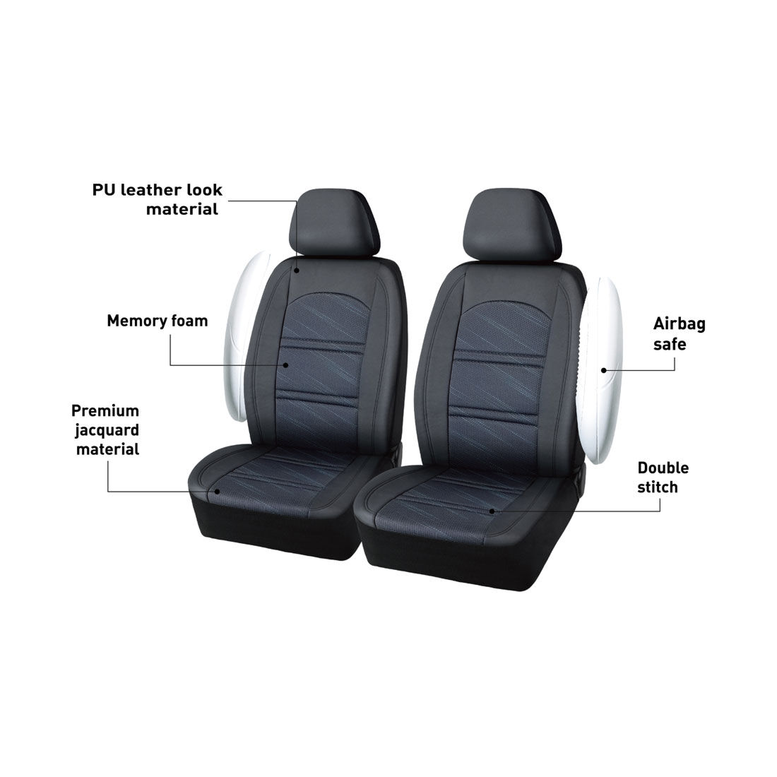 SCA Memory Foam Jacquard & Leather Look Seat Covers Black/Blue Adjustable Headrests Airbag Compatible, , scaau_hi-res