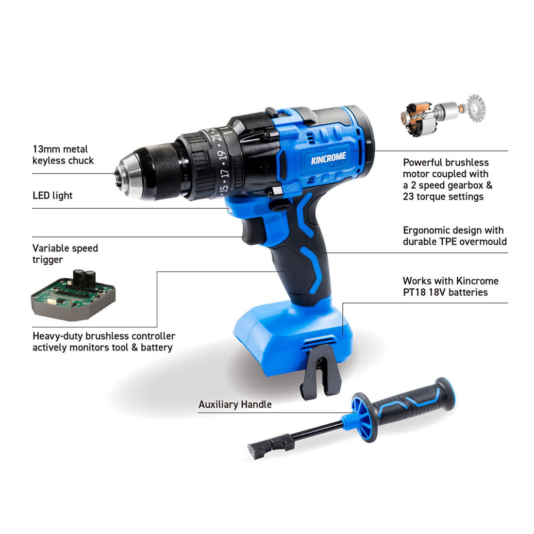 Kincrome PT18 18V Brushless Hammer Drill Skin, , scaau_hi-res